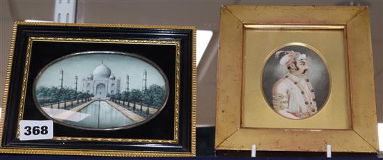 19th century Indian School, two miniatures on ivory, Portrait of a nobleman and View of the Taj Mahal,